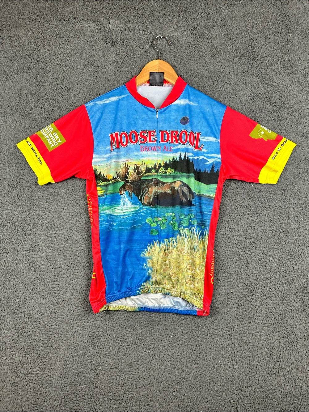 Big Sky Brewing Moose Drool Brown Ale Cycling Jersey Mens Red Blue Short Sleeve
